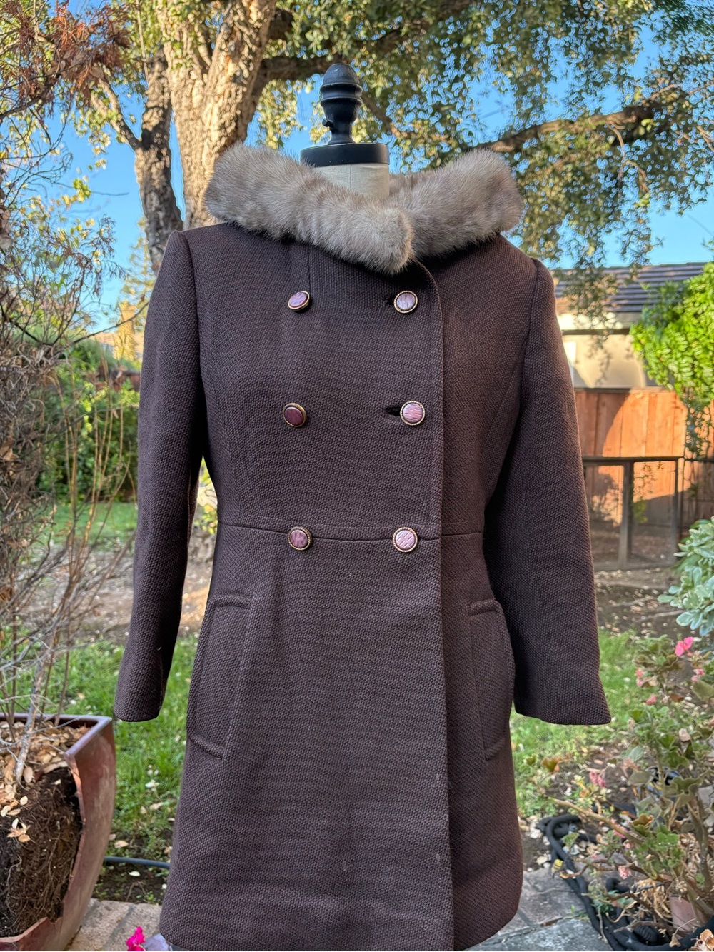 Saks Fifth Avenue Dark Brown Double-Breasted Pea Coat with Mink Fur Collar